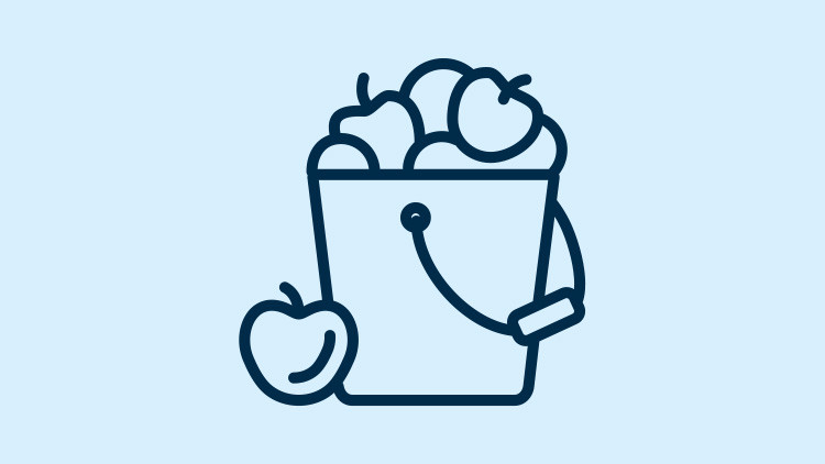 Icon featuring a black line illustration of apples sitting in a pail on a light blue background