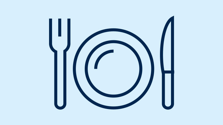 con featuring a black line illustration of a dish, fork and knife on a light blue background