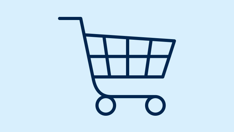 Icon featuring a black line illustration of a shopping cart on a light blue background
