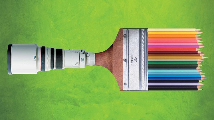 Green background with a paintbrush that has pencil crayons as the brush