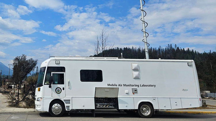 Mobile Air Monitoring Laboratory - a white, 8-metre-long retrofitted RV parked on the side of a street