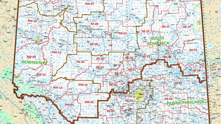A detail of a provincial geospatial map showing geographic boundaries in northcentral Alberta.
