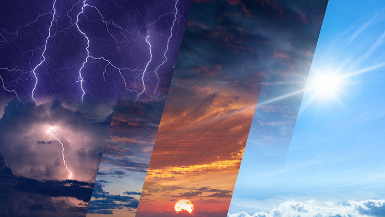 Multi-coloured diagonal panels showing lightning storm, and sunny blue skies