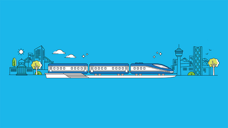 Passenger Rail Master Plan drawing of a train between 2 cities.