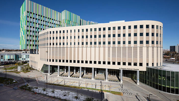 Calgary Cancer Centre exterior - beige and green buildings