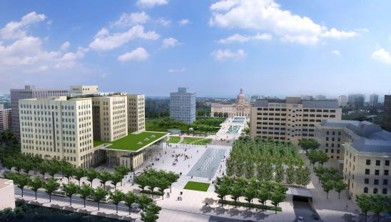 From planning documents: Queen Elizabeth II Building facing the Bowker Building across Capital Plaza.