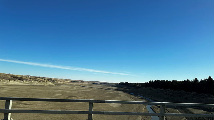 View from a bridge of the Crowsnest river surrounded by flat green land with evergreen trees along the side