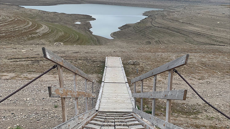 St. Mary’s Reservoir from the boat launch dock - view looking down from wooden staircase down at the St. Mary's reservoir in the distance