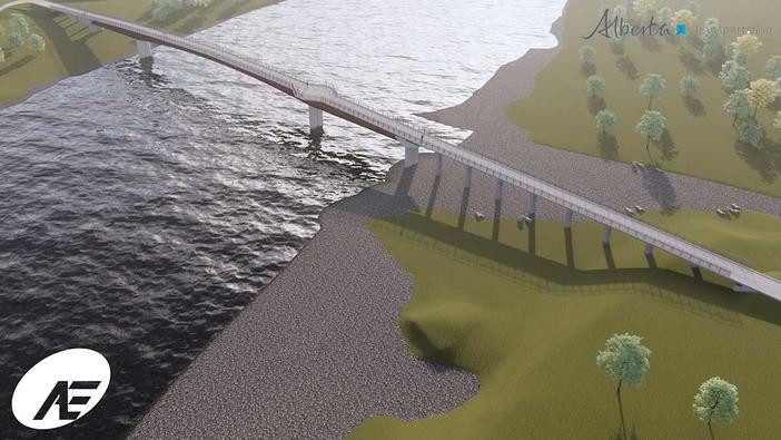 Overhead view of pedestrian bridge with river lookout.