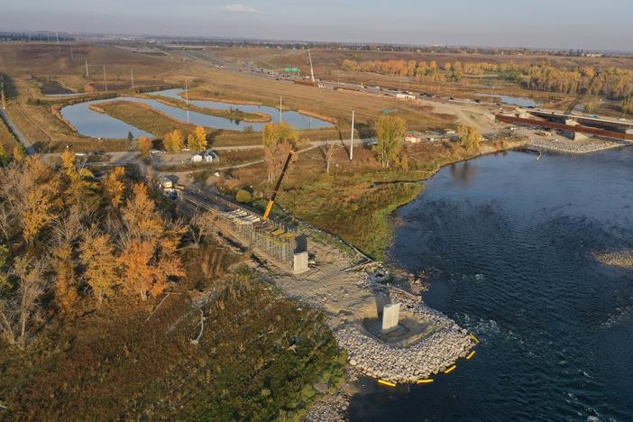 Looking west at the pedestrian bridge construction.
