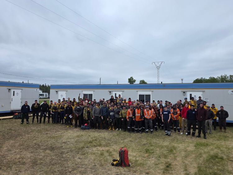 Incident management team in Fort Smith at the Tulip Lake wildfire camp, June 9, 2025.