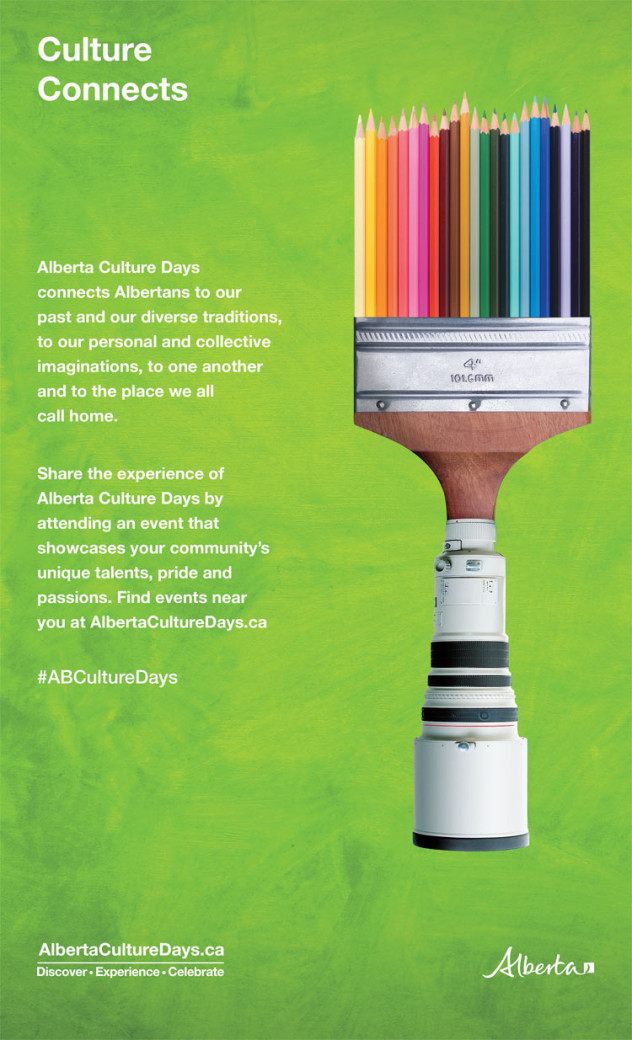 Culture Connects poster thumbnail: White text on green background with an image of a paintbrush with pencil crayons for the brush