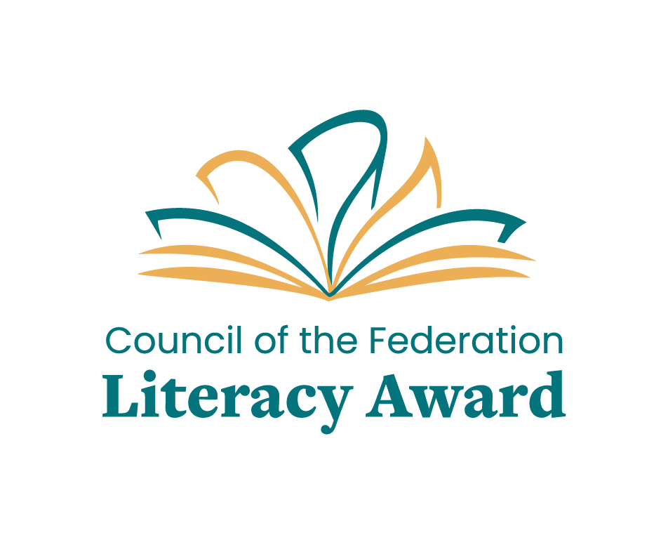 Logo - gold and green illustration of an open book above green text: "Council of the Federation Literacy Award", on a black background