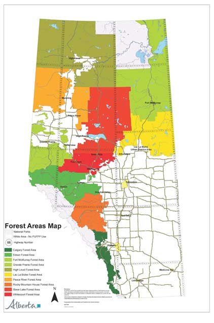 A colour coded map of Alberta listing the 10 forest areas and the National parks.