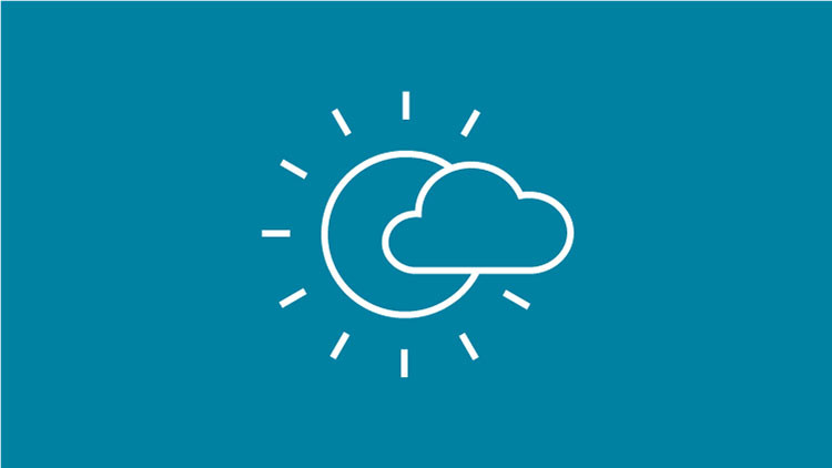 White icon of the sun with a cloud in front, on a blue background