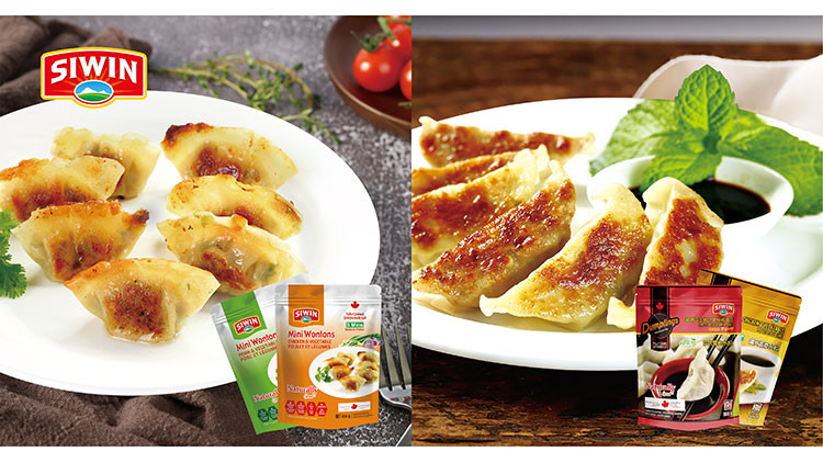 Seven pan fried wontons on a white plate, 6 pan fried gyozas and dipping sauce in a white plate