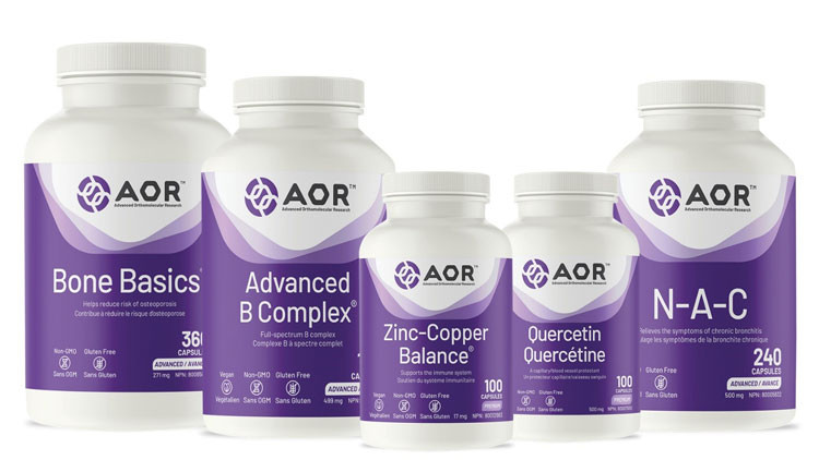 Bottles of Advanced Orthomolecular Research (AOR) health supplements