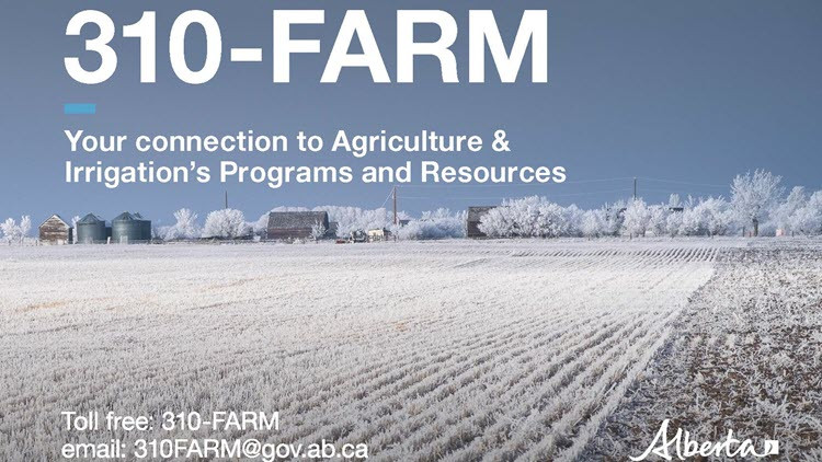 Snowy winter landscape of a farm field with farmhouse and buildings in the background. Text on image: 310-FARM Your connection to Agriculture & irrigation's Programs and Resources; Toll free: 310-FARM; email: 310FARM@gov.ab.ca