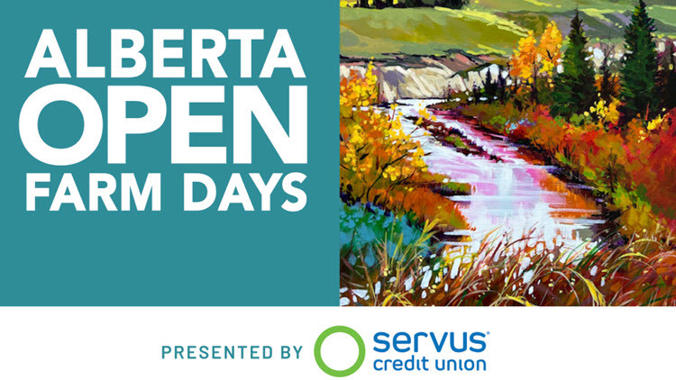 Text: "Alberta Open Farm Days: Presented by Service Credit Union"; image of a stream