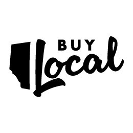 The words "Buy local" next to the shape of the province of Alberta