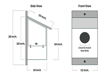Two diagrams with recommended measurements to build a kestral nesting box. One diagram shows the side view, including suggested lengths of individual panels. The second diagram shows the recommended width of the nesting box and dimensions of the entry portal..