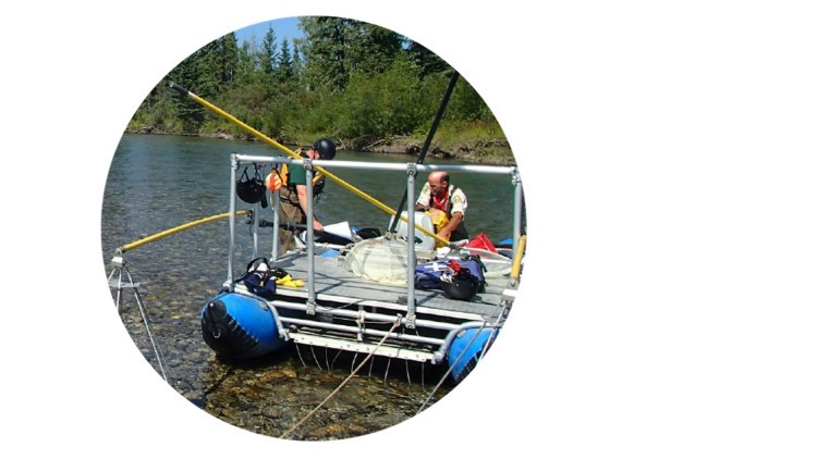 Photo of two scientists testing stream water 