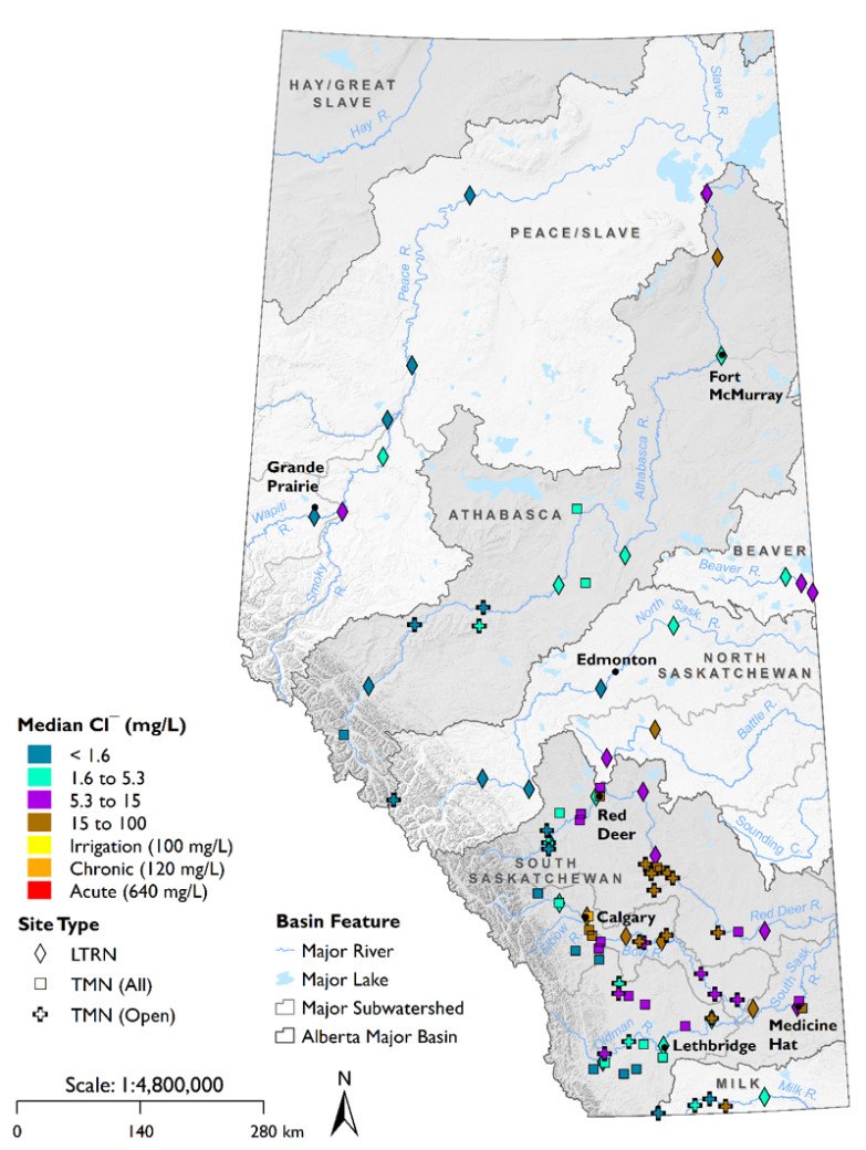 Photo of a map of Alberta of the median Cl- concentrations