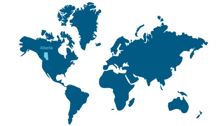 World map with province of Alberta shown
