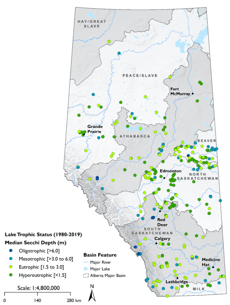 Figure 4. Lake trophic status based on median Secchi depth across Alberta lakes between 1980 and 2019