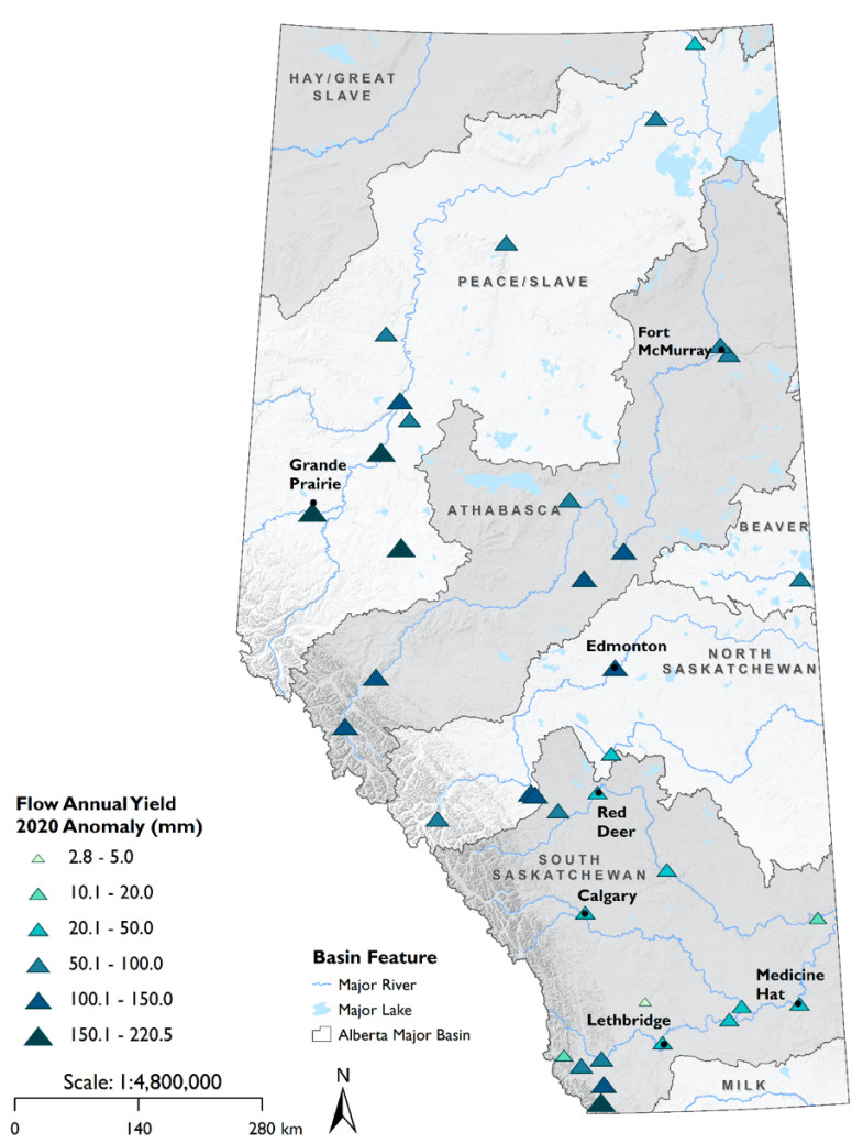 Figure 1. Annual water yield anomalies for 2020, relative to long term (1981-2019) mean