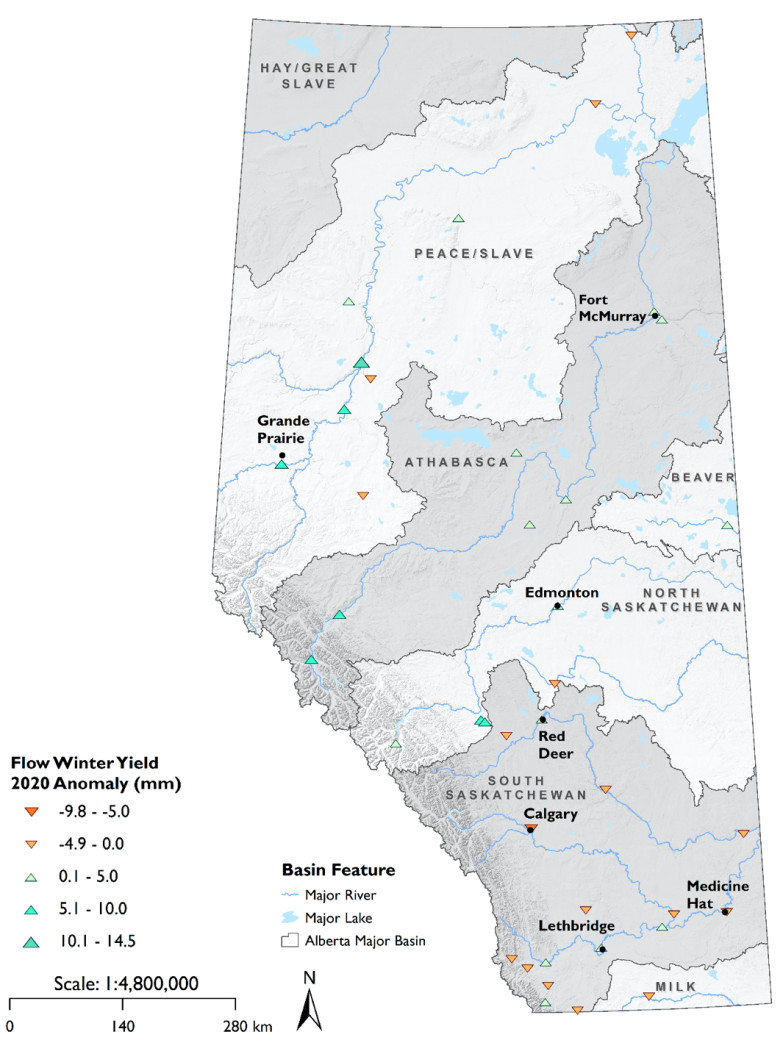 Figure 2. Winter (JFM) water yield anomalies for 2020, relative to long term (1981-2019) mean