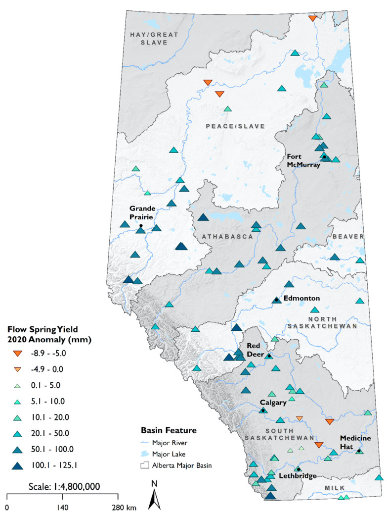 Figure 3. Spring (AMJ) water yield anomalies for 2020, relative to long term (1981-2019) mean