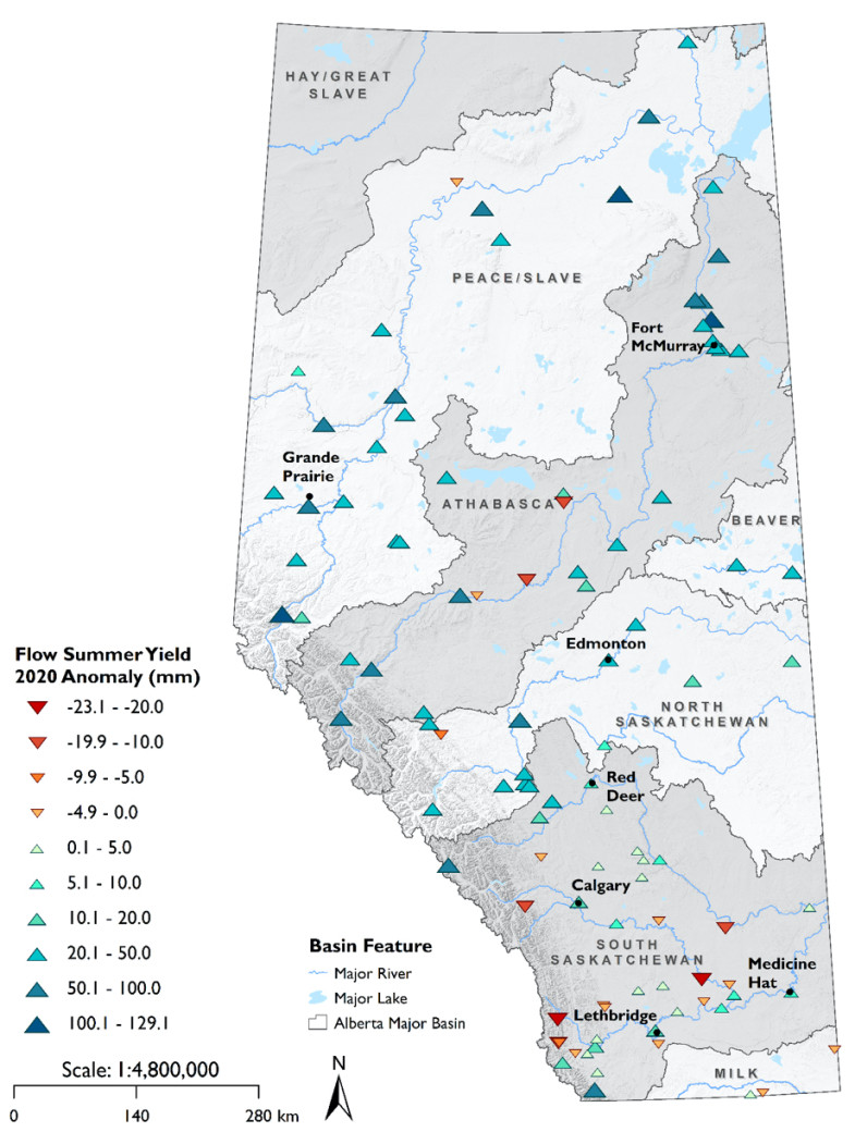 Figure 4. Summer (JAS) water yield anomalies for 2020, relative to long term (1981-2019) mean