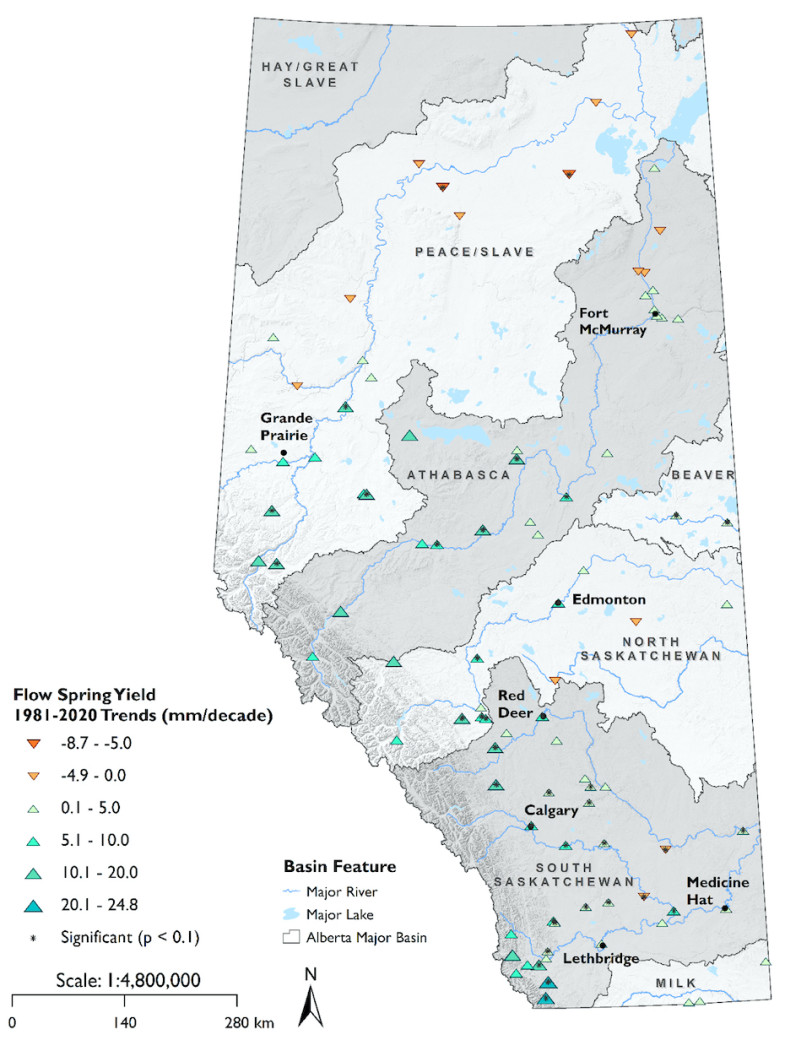 Figure 8. Trends in spring (AMJ) water yield over 1981-2020