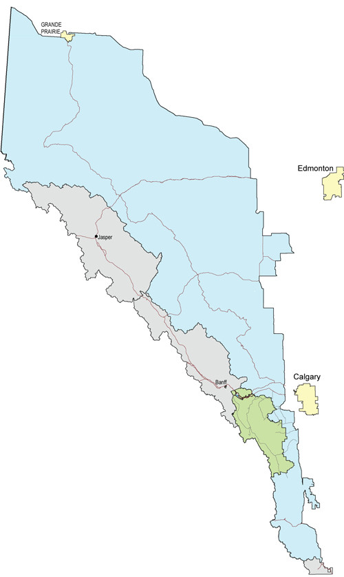 Map showing boundaries of the Kananaskis Conservation Pass and Public Lands Camping Pass areas