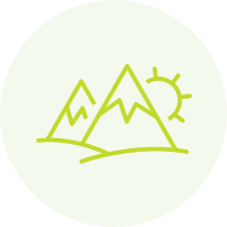 Green sun and mountains icon