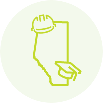 Green map of Alberta outline with city and graduation cap