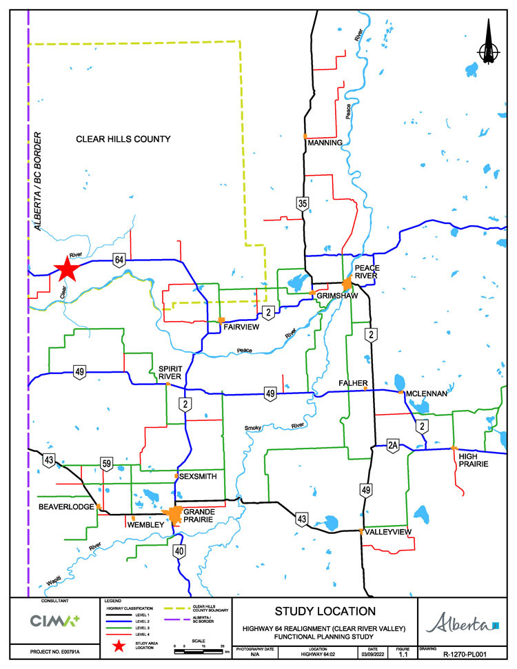 Single lane highway near Medicine River looking east.