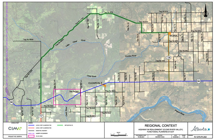 Single lane highway near Medicine River looking east.
