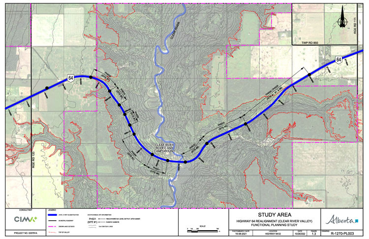 Single lane highway near Medicine River looking east.