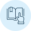 Illustration of hand pointing to open book over light blue background