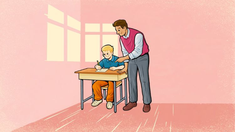 Illustration of a teacher and a student in a classroom.