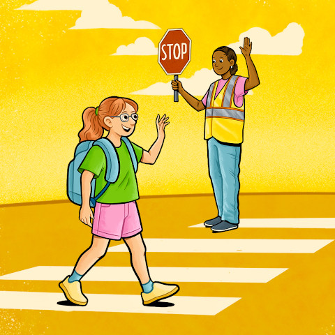 Illustration of a student crossing a street with assistance from a crossing guard