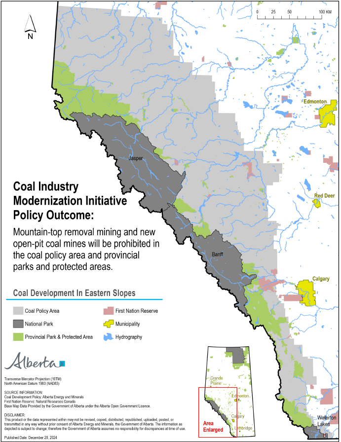 Map showing where mountain-top coal mining and new open-pit coal mines will be prohibited.