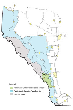 Map showing boundaries of the Kananaskis Conservation Pass and Public Lands Camping Pass areas