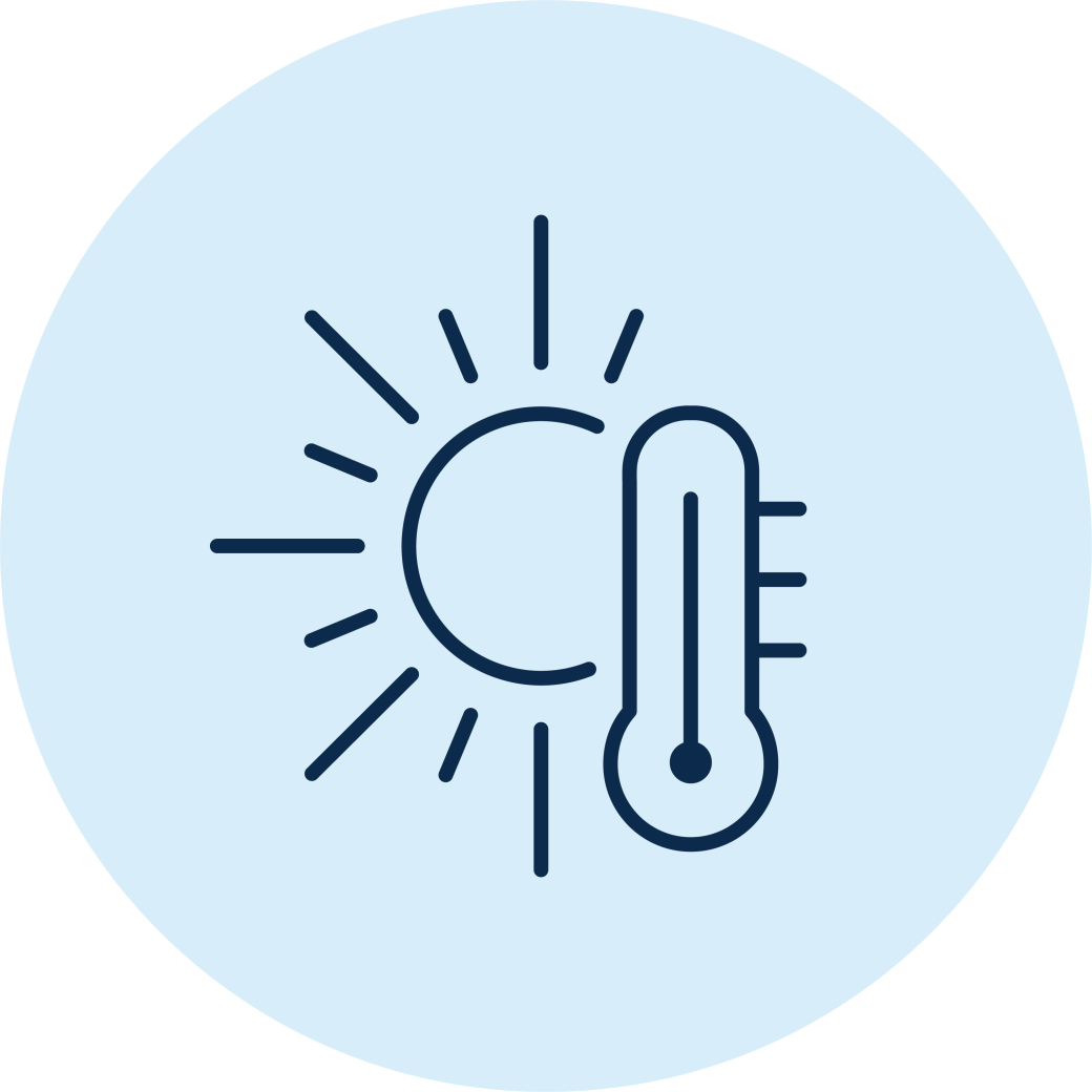 Circular icon featuring a black line illustration of the sun and a thermometer against a light blue background.