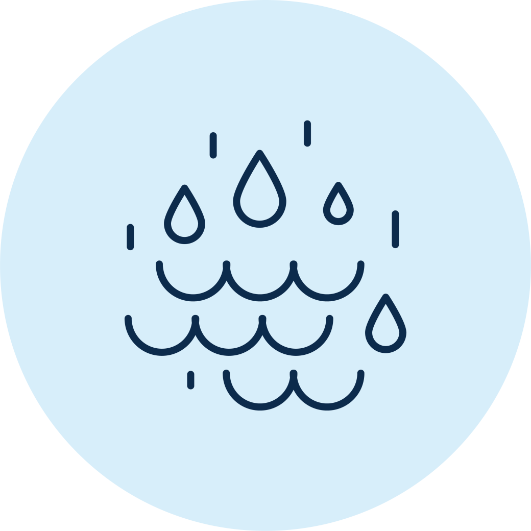 Circular icon featuring a black line illustration of rain falling into a puddle against a light blue background.