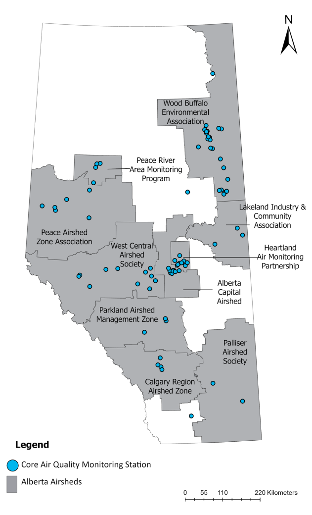 Map of Alberta’s core air quality monitoring stations and airshed organizations