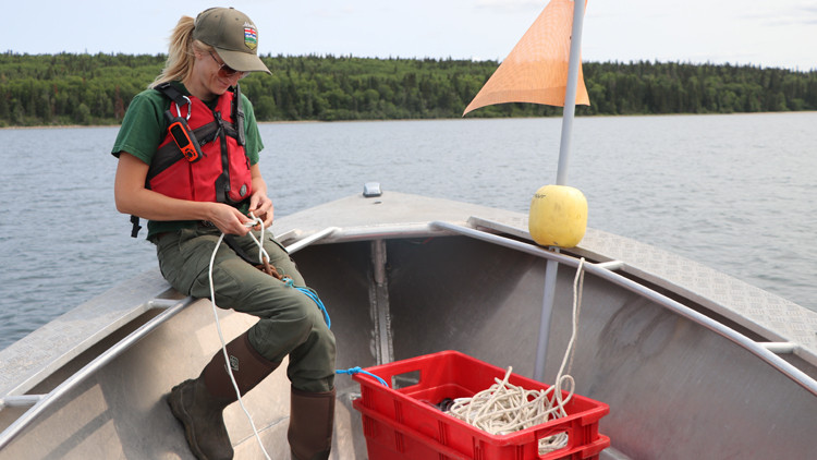 Photo of a woman sitting at the prow of a watercraft conducting a lake fisheries survey.