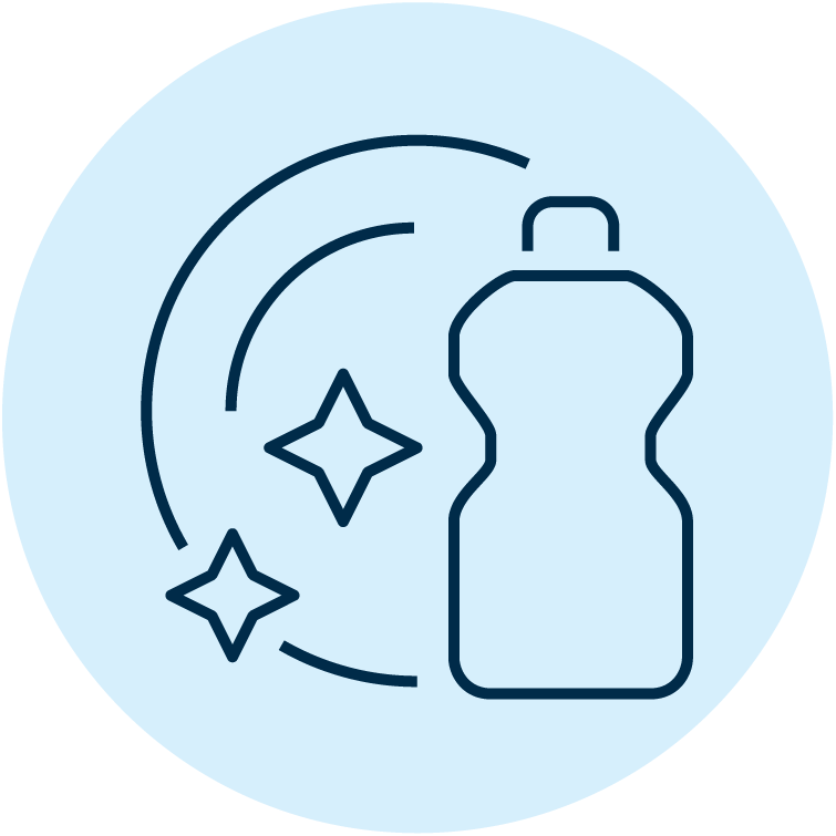 Icon depicting a sparkling dish standing next to a bottle of dishwashing liquid.